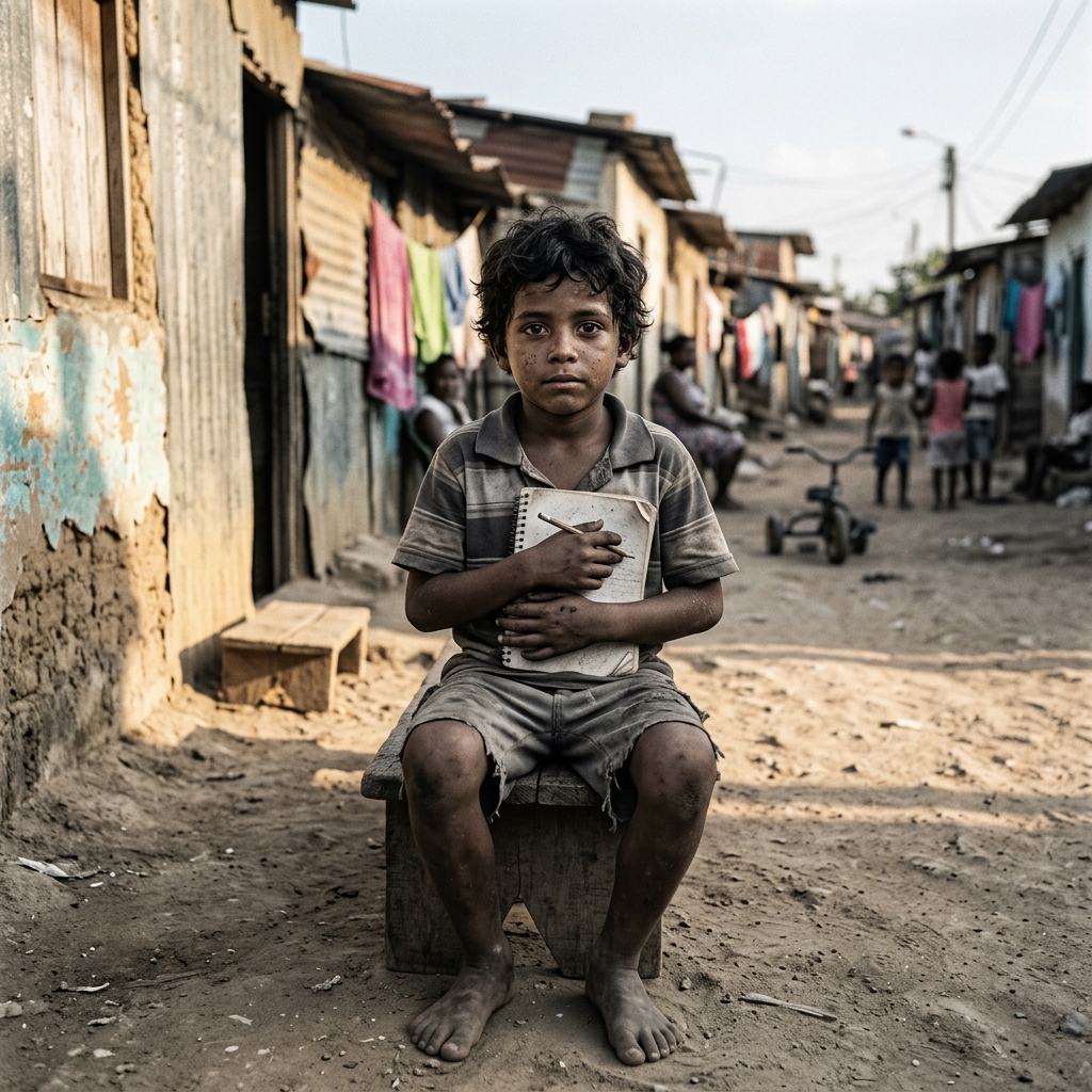 Niño en las calles de Barrio El Ferry en Barranquilla con mirada conmovedora